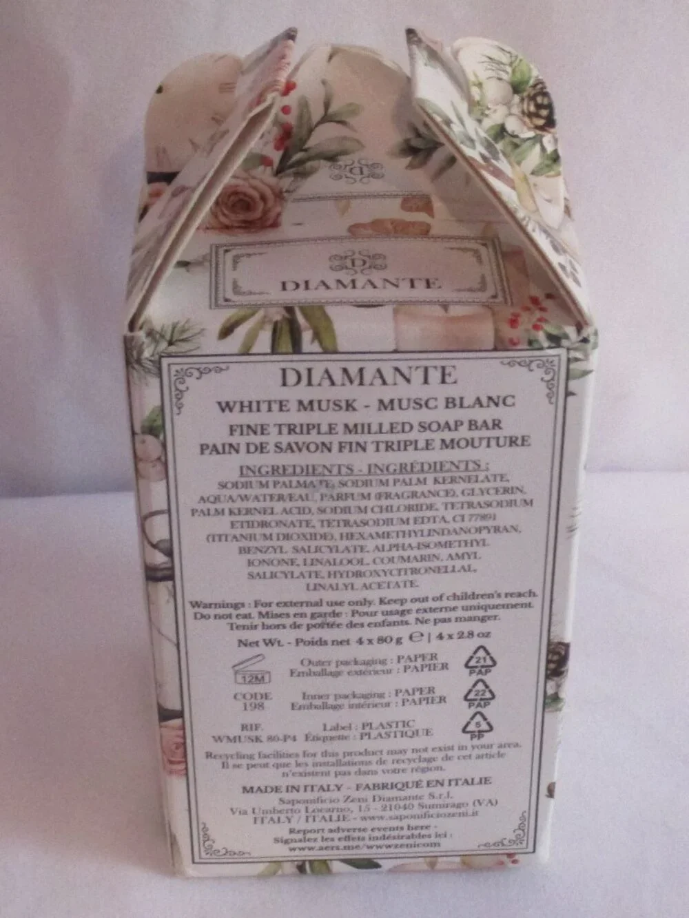 DIAMANTE WHITE MUSK Veg. Based Round Individually Wrapped Soaps 4x2.8 oz. Italy